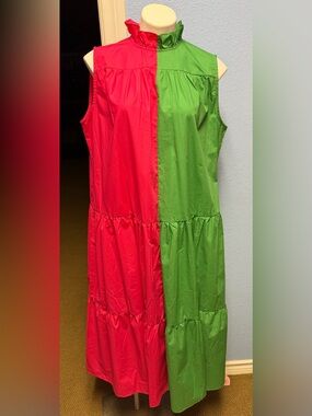 Sleeveless Two-Tone Tiered Midi Dress - Pink & Green